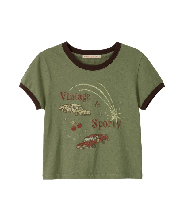 Vintage Car Ringer Tee-Khaki