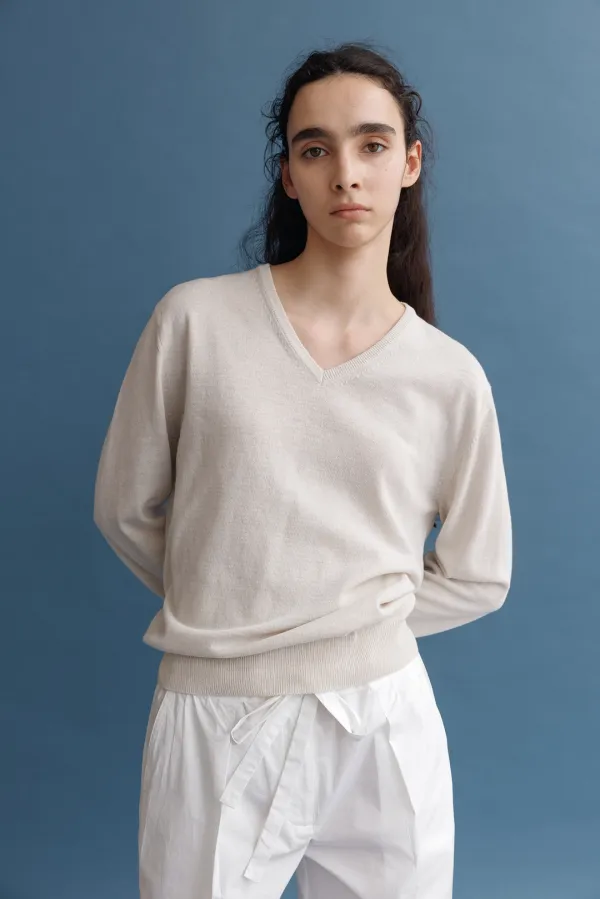 Cotton v-neck knit (Oatmeal)