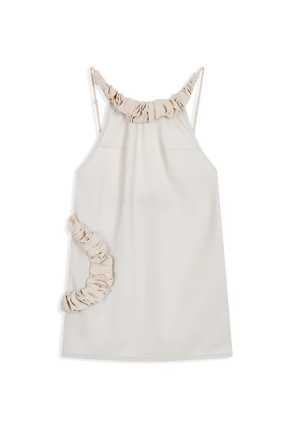 OPEN BACK RUFFLE MINI DRESS, BEIGE