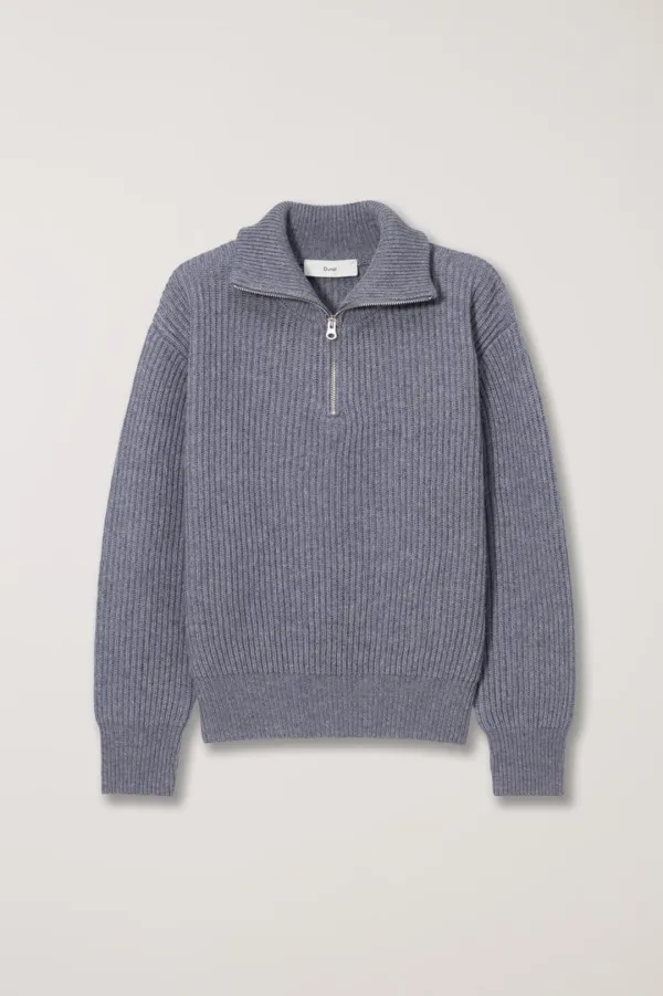 UNISEX HALF ZIP-UP RIBBED WOOL SWEATER MELANGE GREY