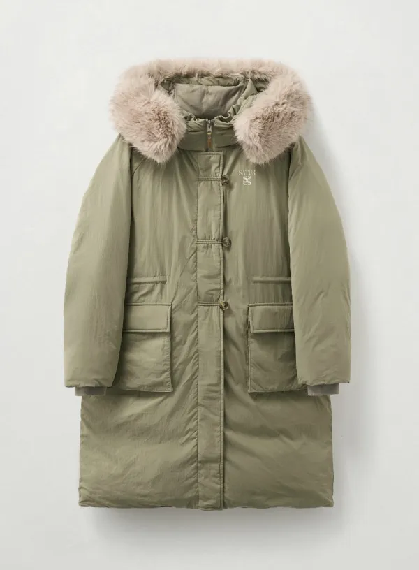 (W) Synthetic Fur Collar Hood Long Down - Khaki