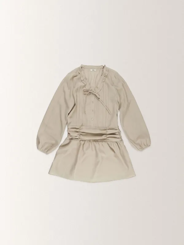 RIBBON SHIRRING ONE PIECE DRESS [ BEIGE ]