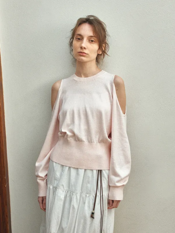 TIS OPEN SHOULDER VOLUME KNIT TOP_SOFT PINK