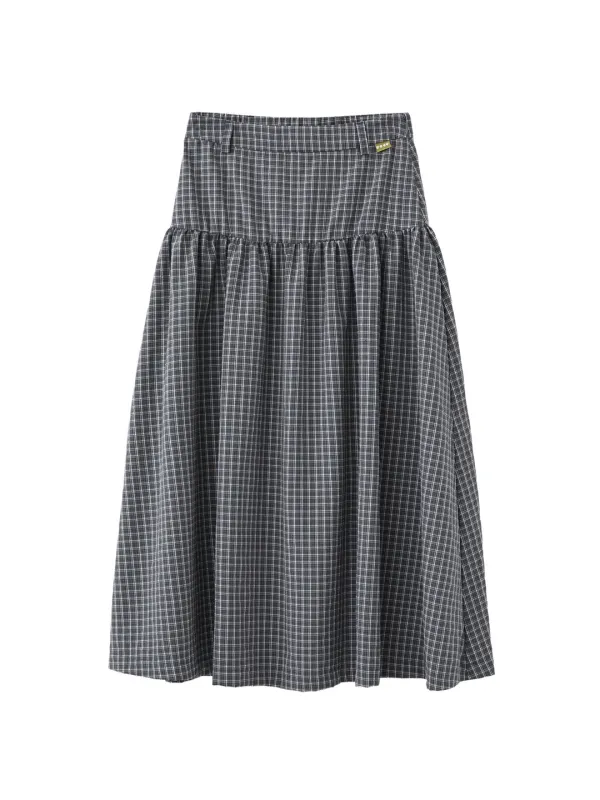 Checked Shirring Long Skirt - Grey