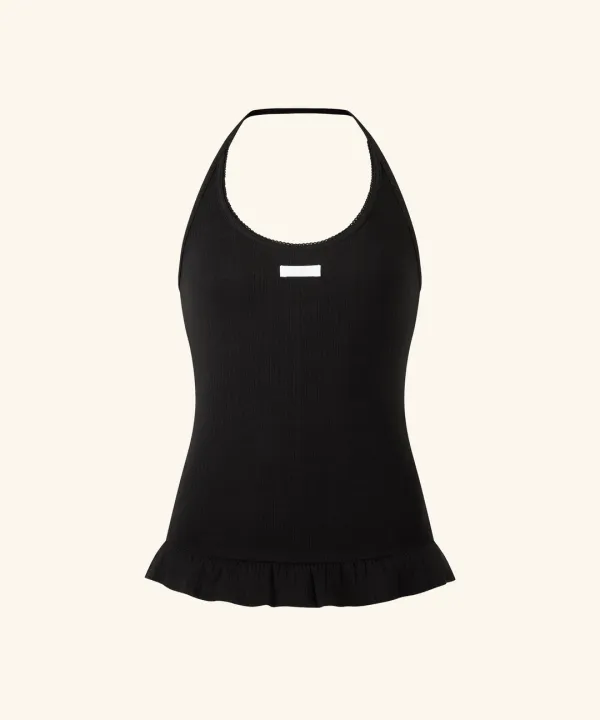 Letters Frill Label Halter Neck Top ( Black )