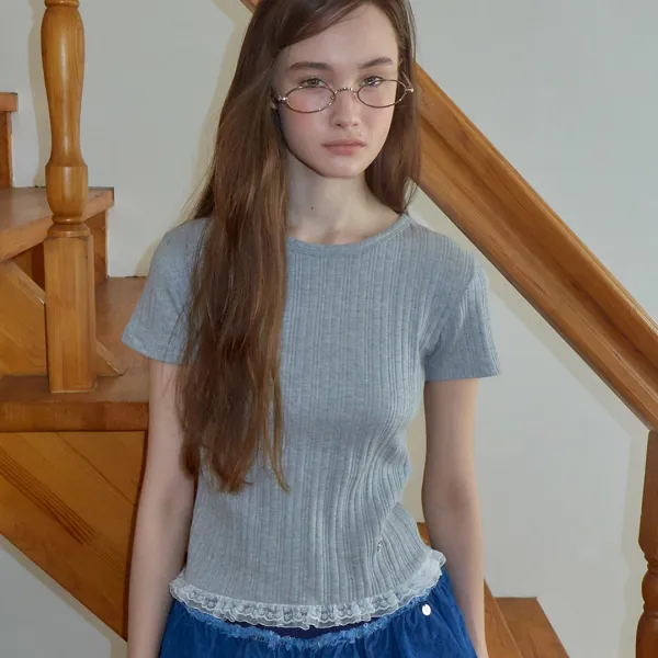 LACE FRILL SLIM CROP PLEATS T SHIRT GREY