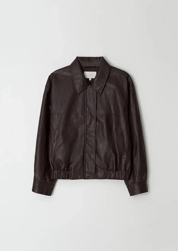 [10%] leather blouson jacket-brown
