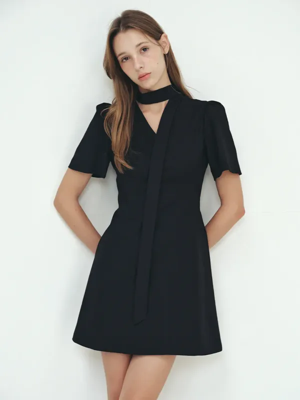 TIE POINTED MINI DRESS - BLACK