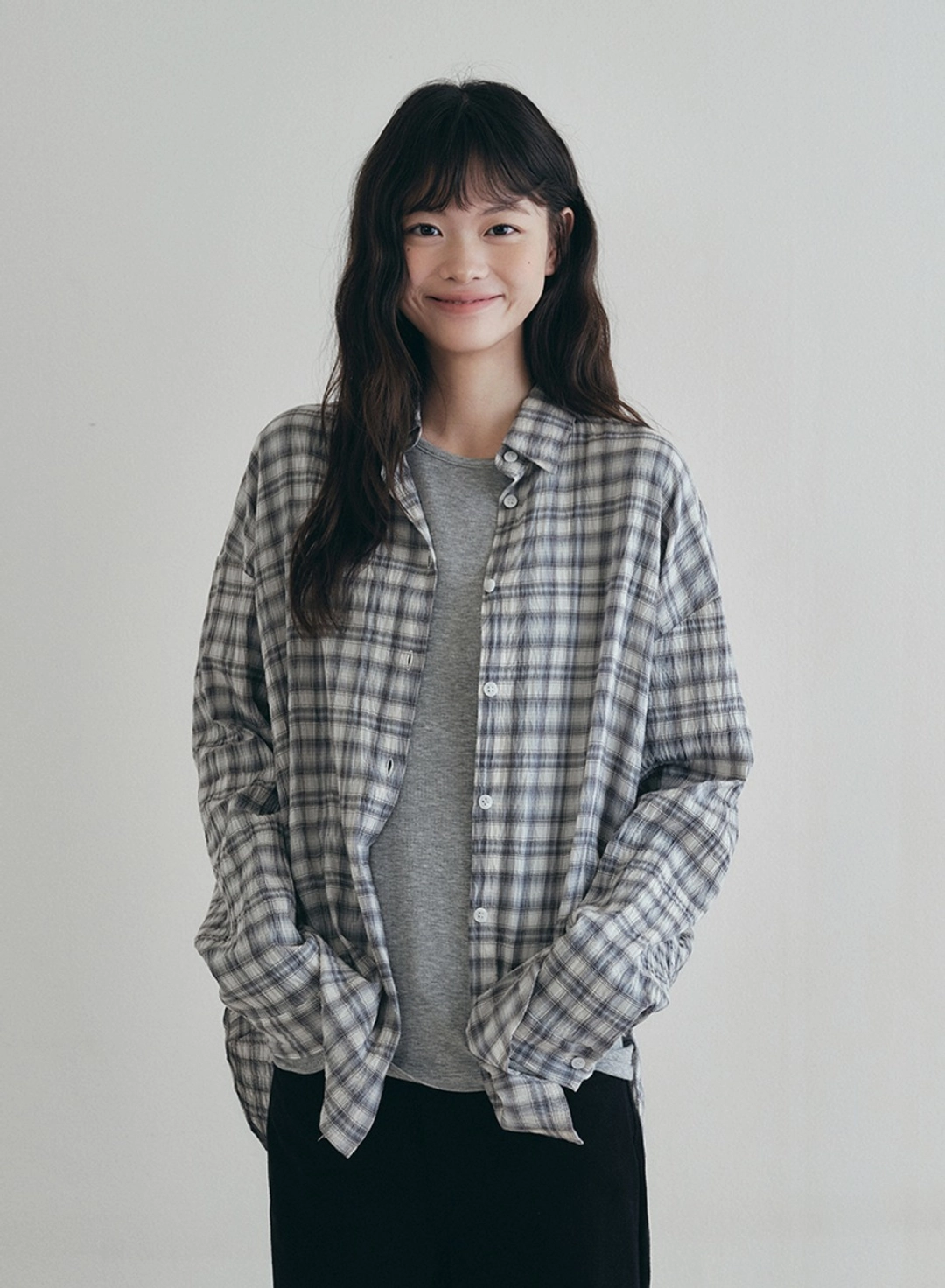 로에일 코튼 오버 핏 체크 셔츠 - 스카이 블루 상품 이미지 2