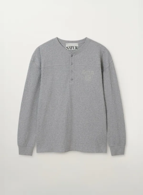 [RIIZE\'s Pick] Stitch Waffle Henley Neck Long Sleeve - Melange Gray