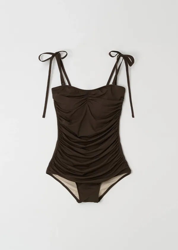 shirring sleeveless swimsuit-brown