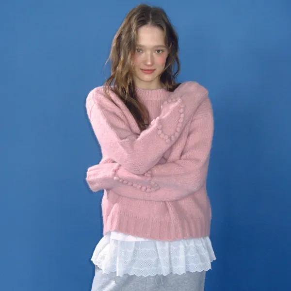 HANDMADE HEART SLEEVE POINT PULLOVER KNIT CREAM PINK