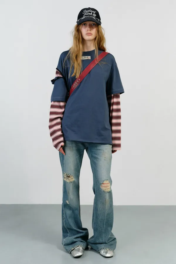 LAYERED SLEEVE STRIPE T SHIRT - NAVY