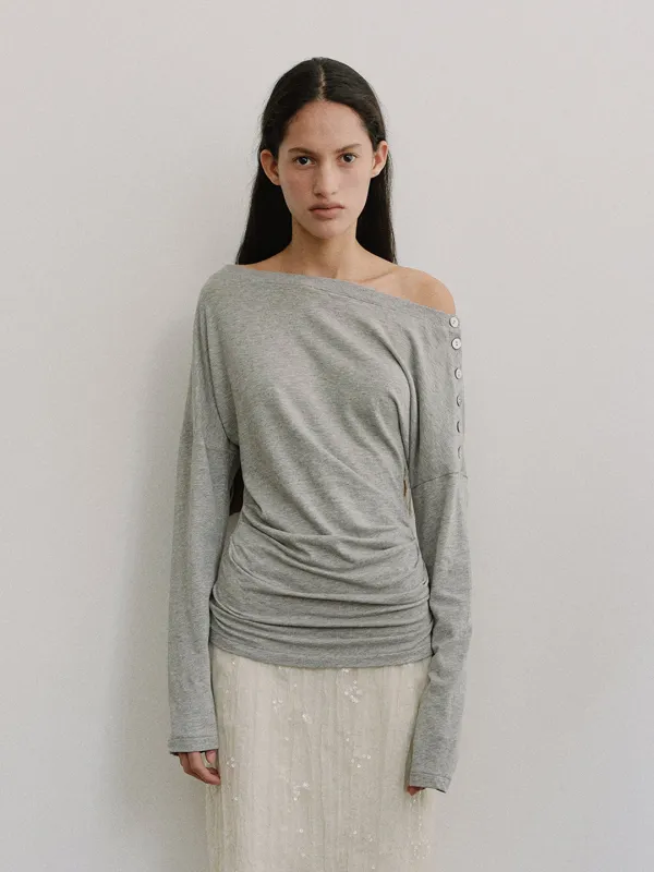 TIS BUTTON OFF-SHOULDER TOP_ M-GREY