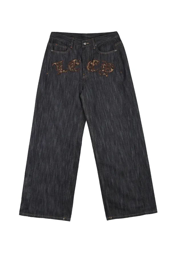 LEOPARD APPLIQUE WIDE PANTS BLUE