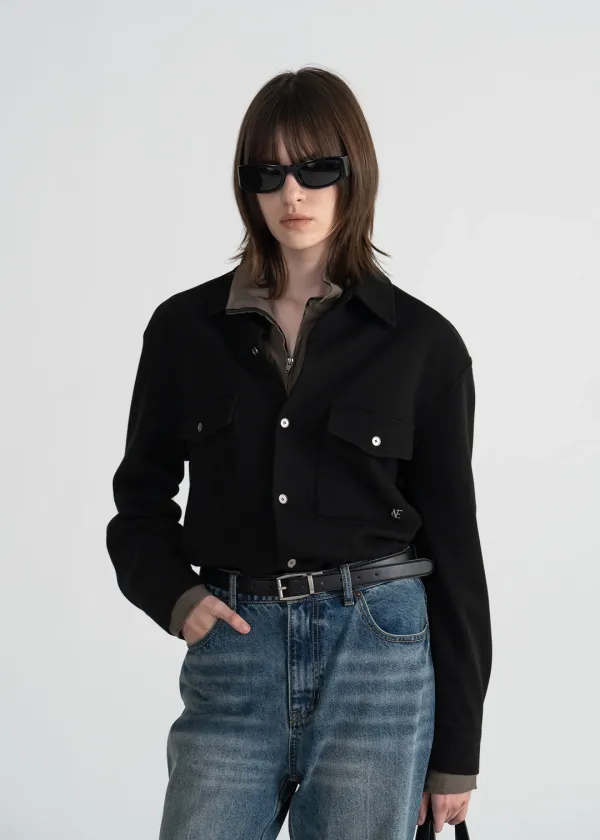 PIQUE LOGO FLAP POCKET SHIRT - BLACK