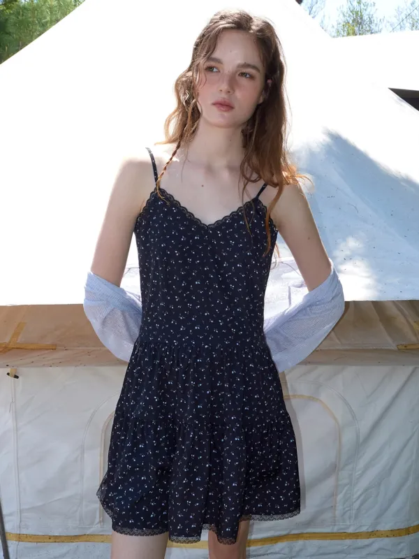 [5/27 예약배송] Slip Floral Tiered Mini Dress, Black