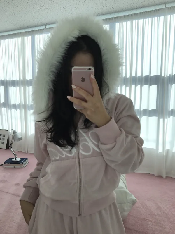 Bella Fur Velour Hoodie Zip-Up Pink