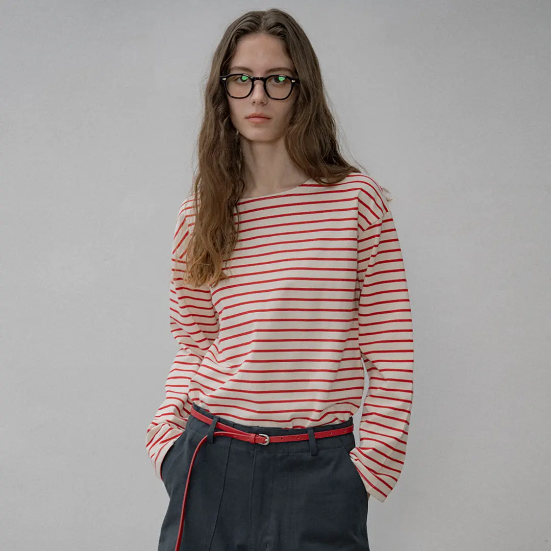 시야쥬 SITP5192 루즈 핏 ST 보트넥 티셔츠_Red stripe 상품 이미지 2