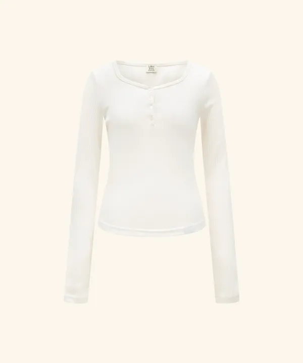Letters Button Heart Neck T-Shirt ( Ivory )