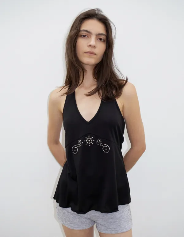 STUDDED HALTER TOP_ONZI EDITION, BLACK