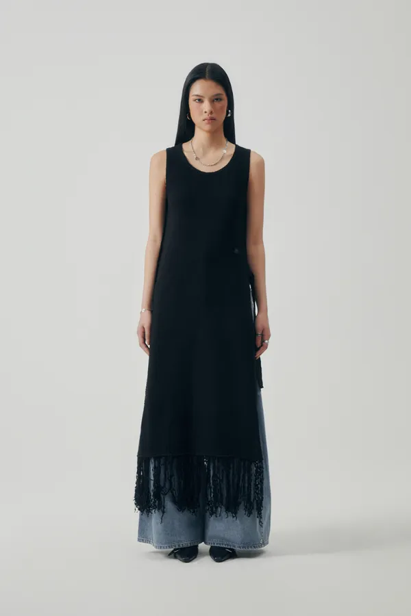 Fringe Flow Sleeveless Knit One-piece [ Black ]