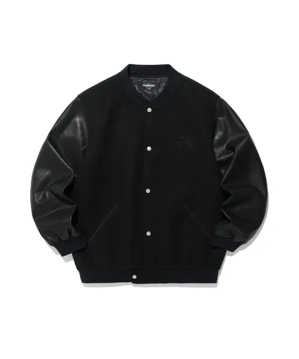 embossed logo wool leather varsity jacket[black]