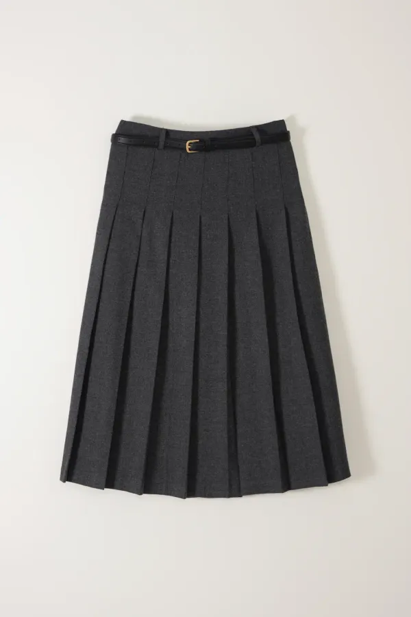 NEW WOOL PLEATS SKIRT (BELT SET)_CHARCOAL