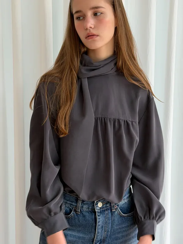 2WAY TIE SHIRRING BLOUSE - CHARCOAL