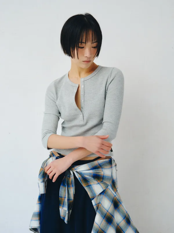 [PLZPROJECT]3/4 SLEEVE HENLEY T-SHIRT, GRAY