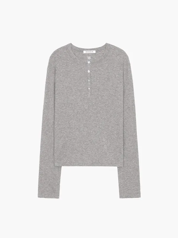 HENLEY NECK LONG SLEEVE T-SHIRT_melange grey