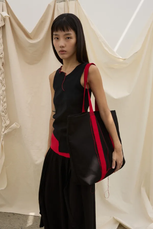 ASYMMETRIC PANEL SLEEVELESS TOP BLACK