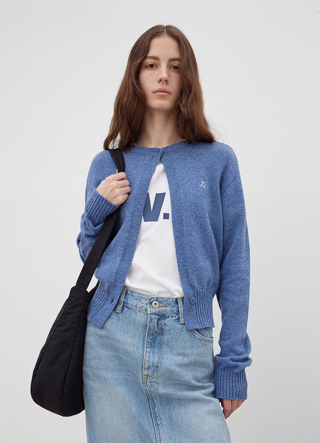 르바 Two-Button Round Knit Cardigan - Steel Blue 상품 이미지 2