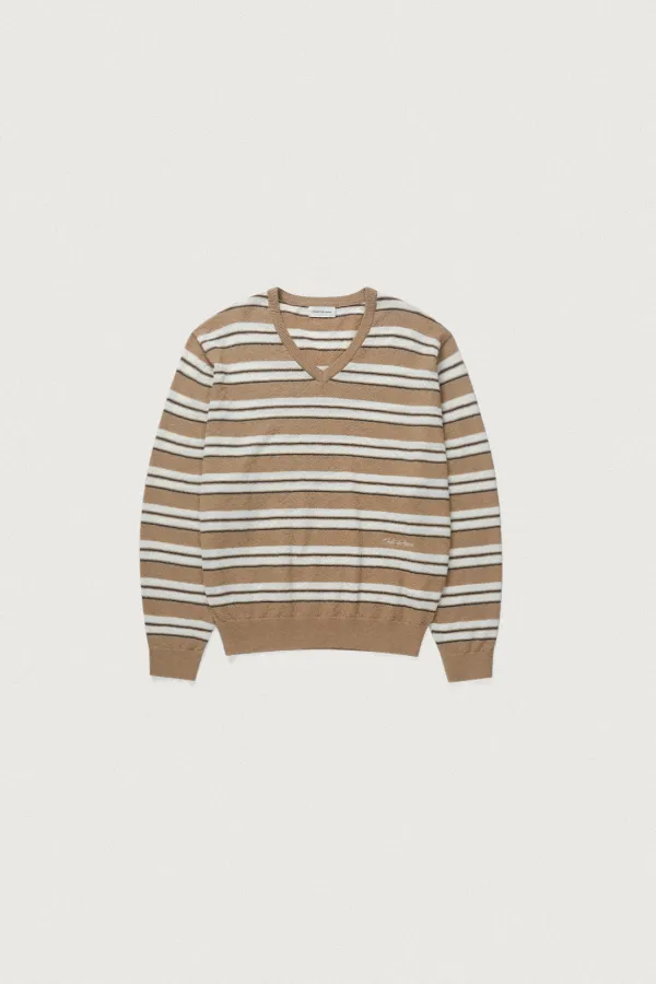 CREAMY STRIPE V-NECK KNIT [BEIGE]