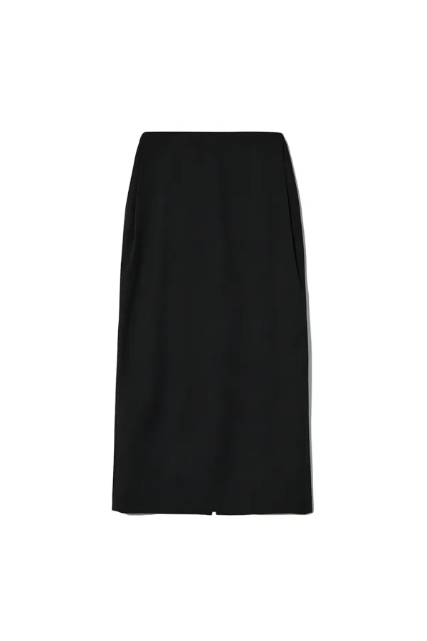 SIDE INVERTED TUCK WOOL SKIRT [BLACK]