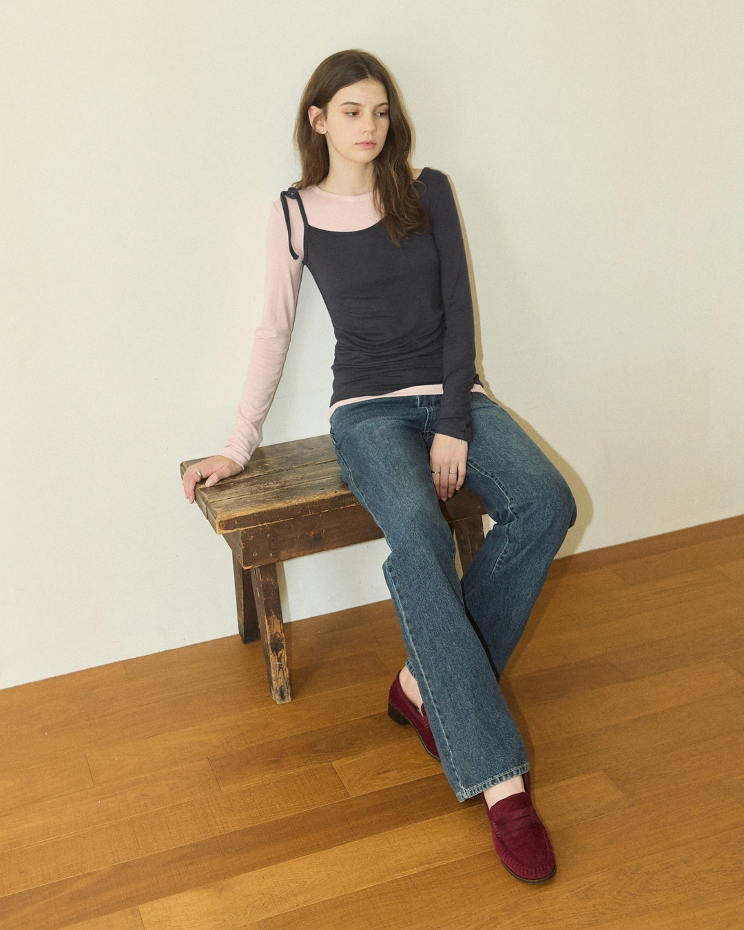 어다울 Layered ribbon shirring line t shirt - pink 상품 이미지 2