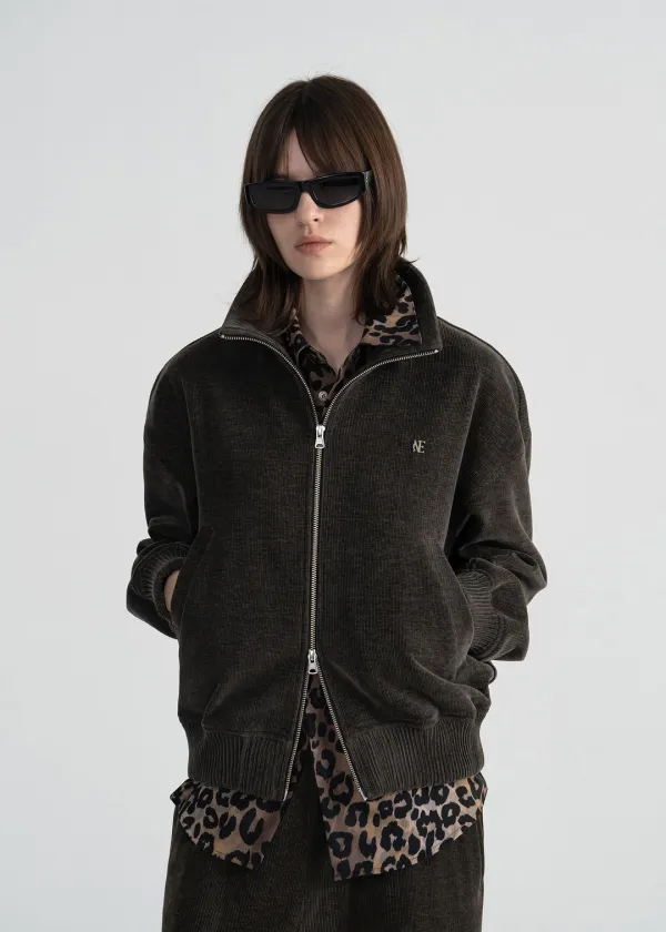 (UNI) CHENILLE RIBBED TRACK JACKET - DARK KHAKI