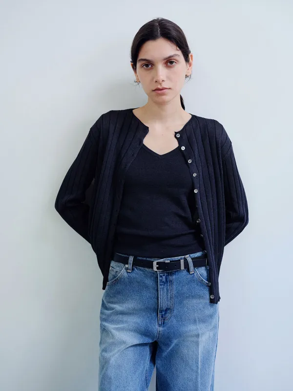 TIR RIB KNIT CARDIGAN & SLEEVELESS SET_DEEP NAVY