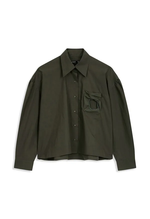 COTTON BEAD POCKET CROP SHIRT, KHAKI