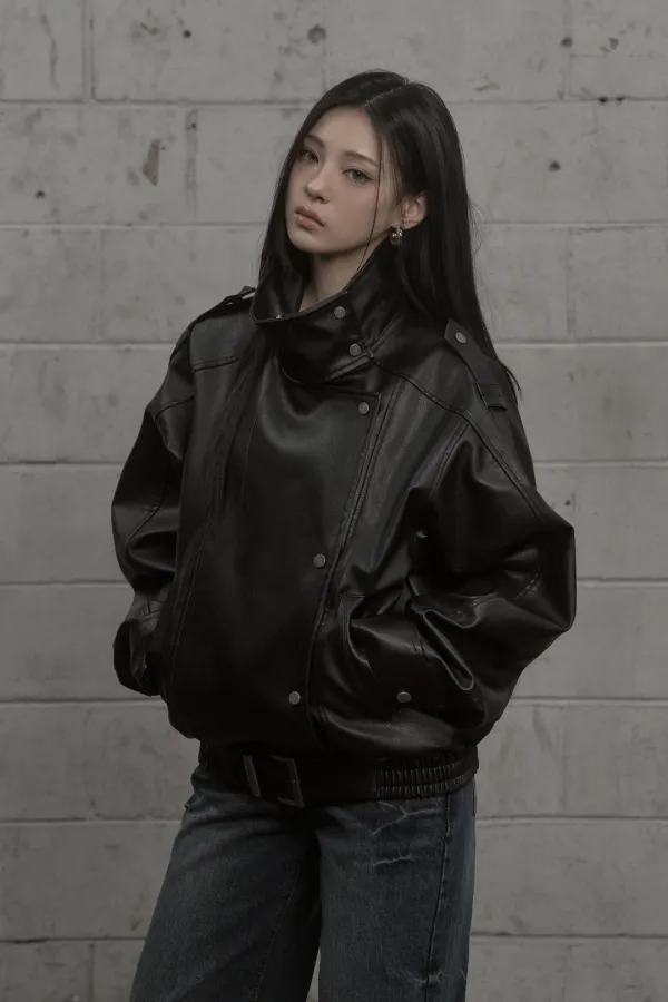 Structured High-Neck Leather Jacket (black)