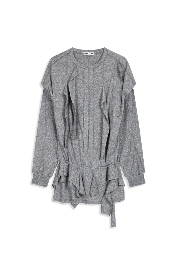 RAW CUT RUFFLE DRESS TOP, GRAY