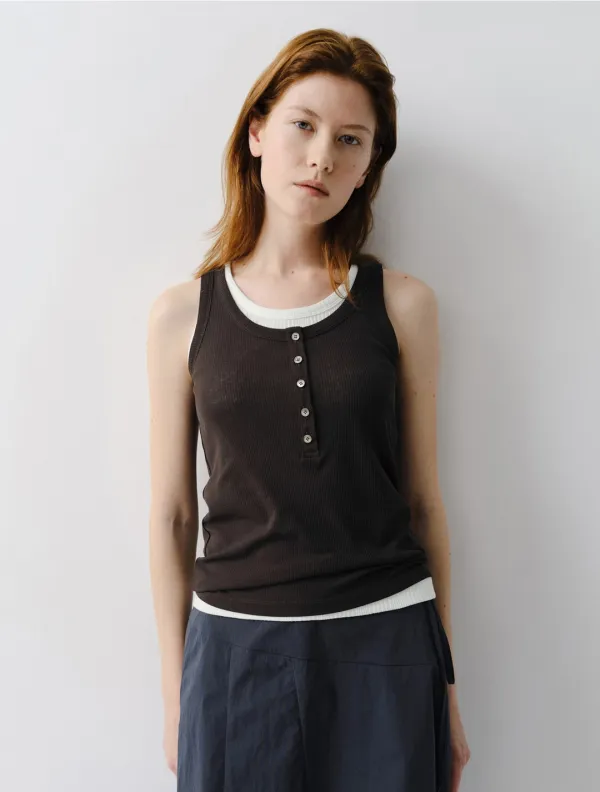Henley Neck Sleeveless Top (Dark Brown)