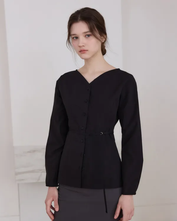 V neck classic belted blouse - black