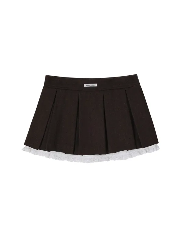 LACE-LAYERED PLEATED SKIRT_BROWN