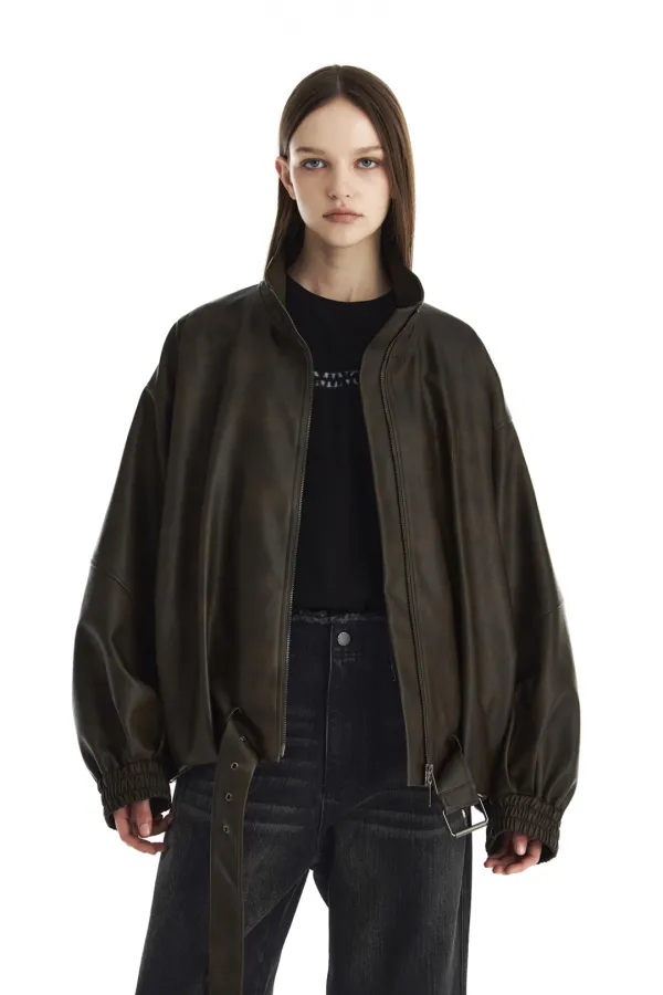 Belted Oversized Leather Blouson [ Brown ]