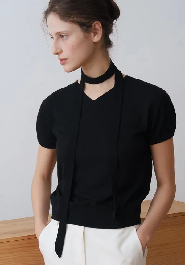 SILK TIE NECK KNIT_BLACK_OF1C2OKN01BKA