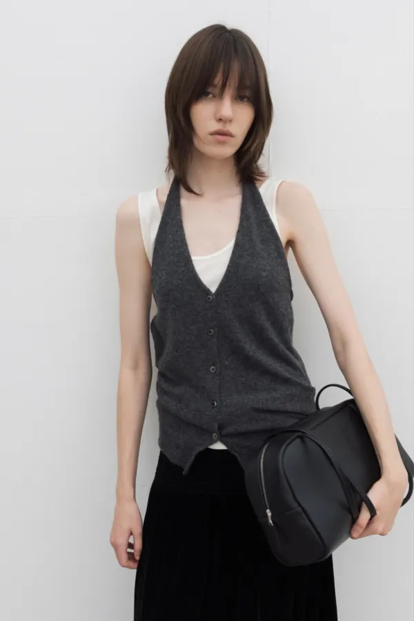 [3rd] Fitted Halter Neck Knit Cardigan (Ivory / Beige / Brown / Dark Gray)