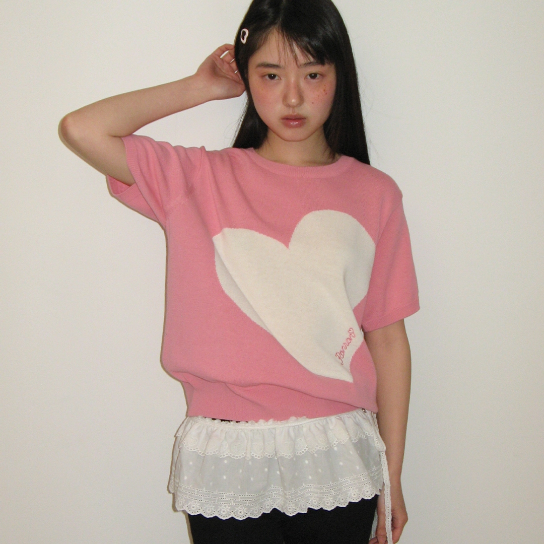 론론 BIG HEART SHORT SLEEVE KNIT SOFT PINK 상품 이미지 1
