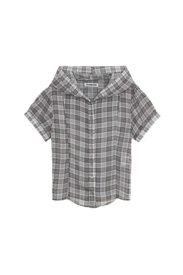 SHEER CHECK HOODIE BLOUSE, GRAY