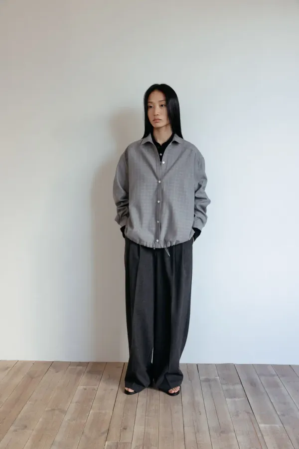 Linen Drawstring Hem Check Shirt (Grey)